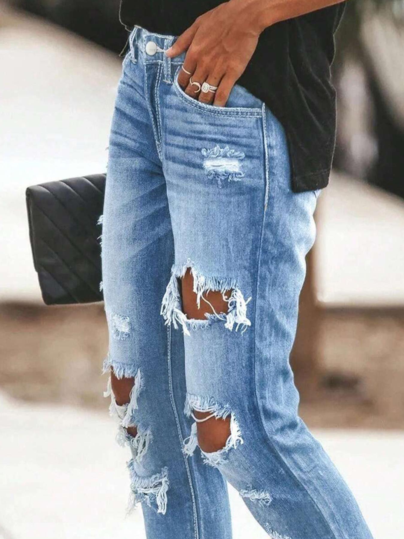 Women's Washed Denim Jeans Casual Fashion Ripped Slim Fit Straight Leg Pants Elastic Fabric All Seasons Versatile Date