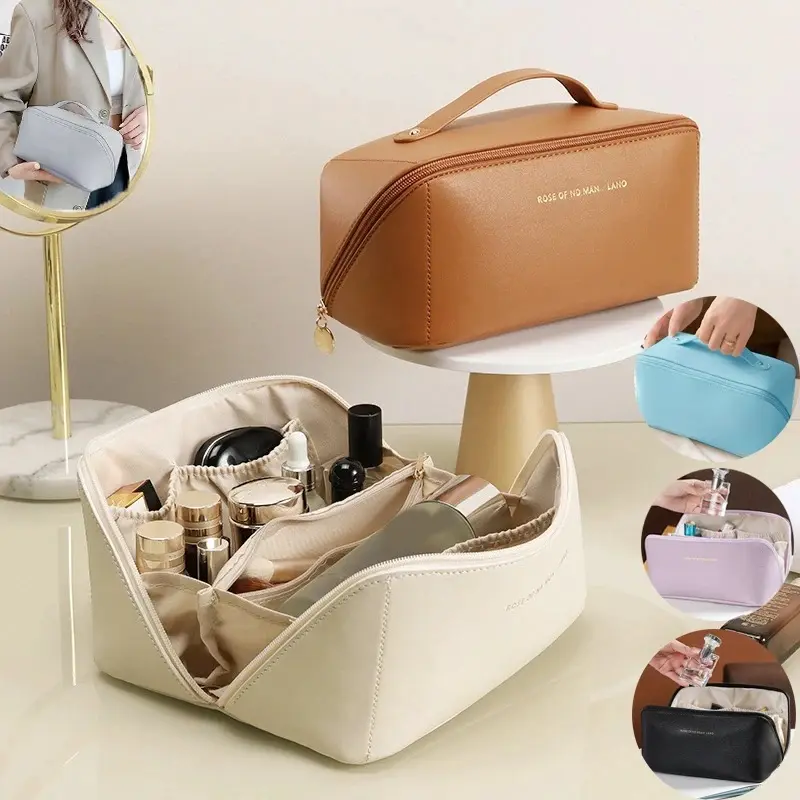 Women's Portable PU Leather Waterproof Multi-Functional Makeup Bag - Brush Storage, Multiple Pockets, Chic Lettering for Travel & Storing Makeup Products