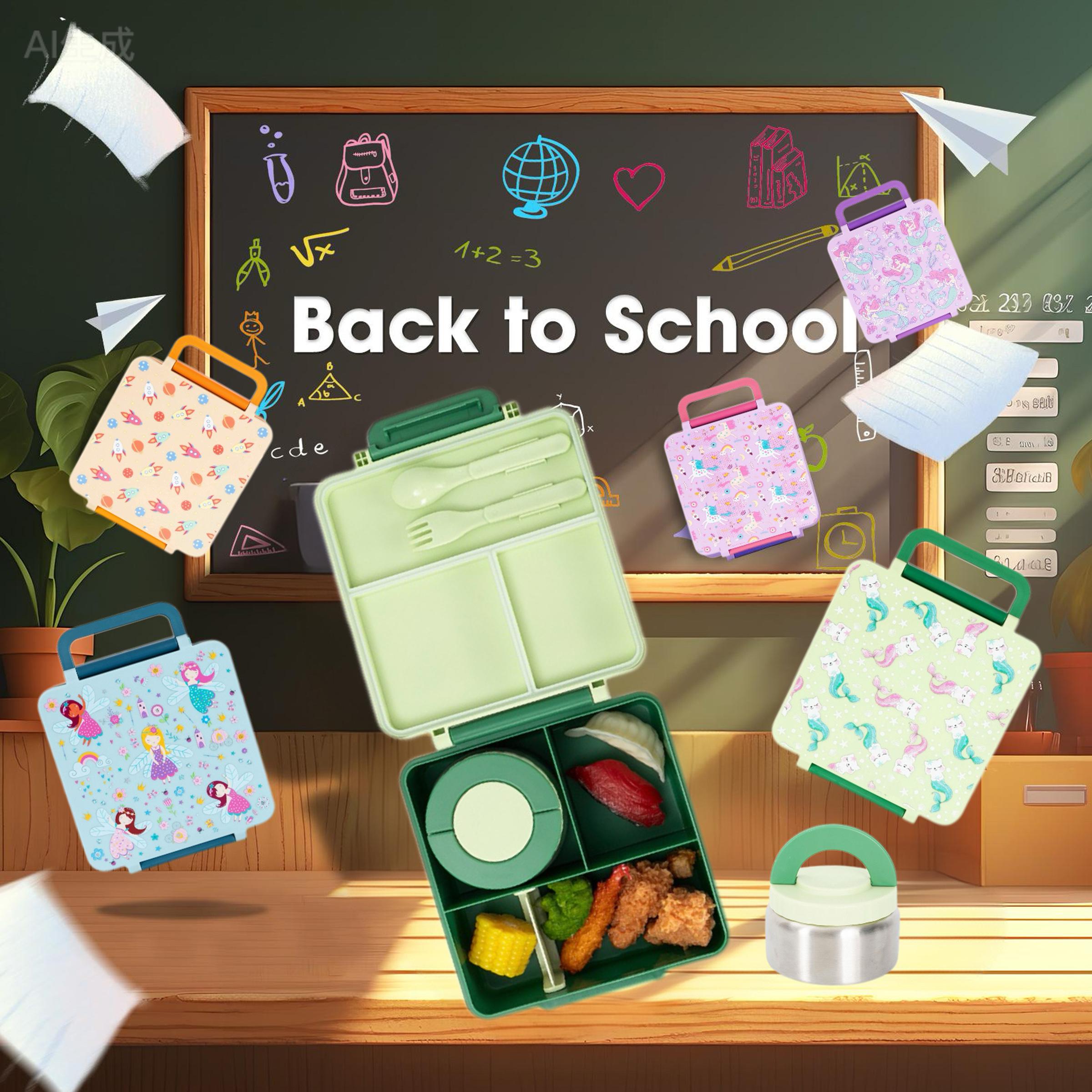 Bento Lunch Box Set for Kids🍗🥦🍓🍰🍲 with 9.5 oz Soup Thermo, Leak-Proof Lunch Containers with 4 Compartment, Kids Thermo Hot Food Jar ，BPA Free ， Utensils for Girl Boy School, Microwave Dishwasher Safe