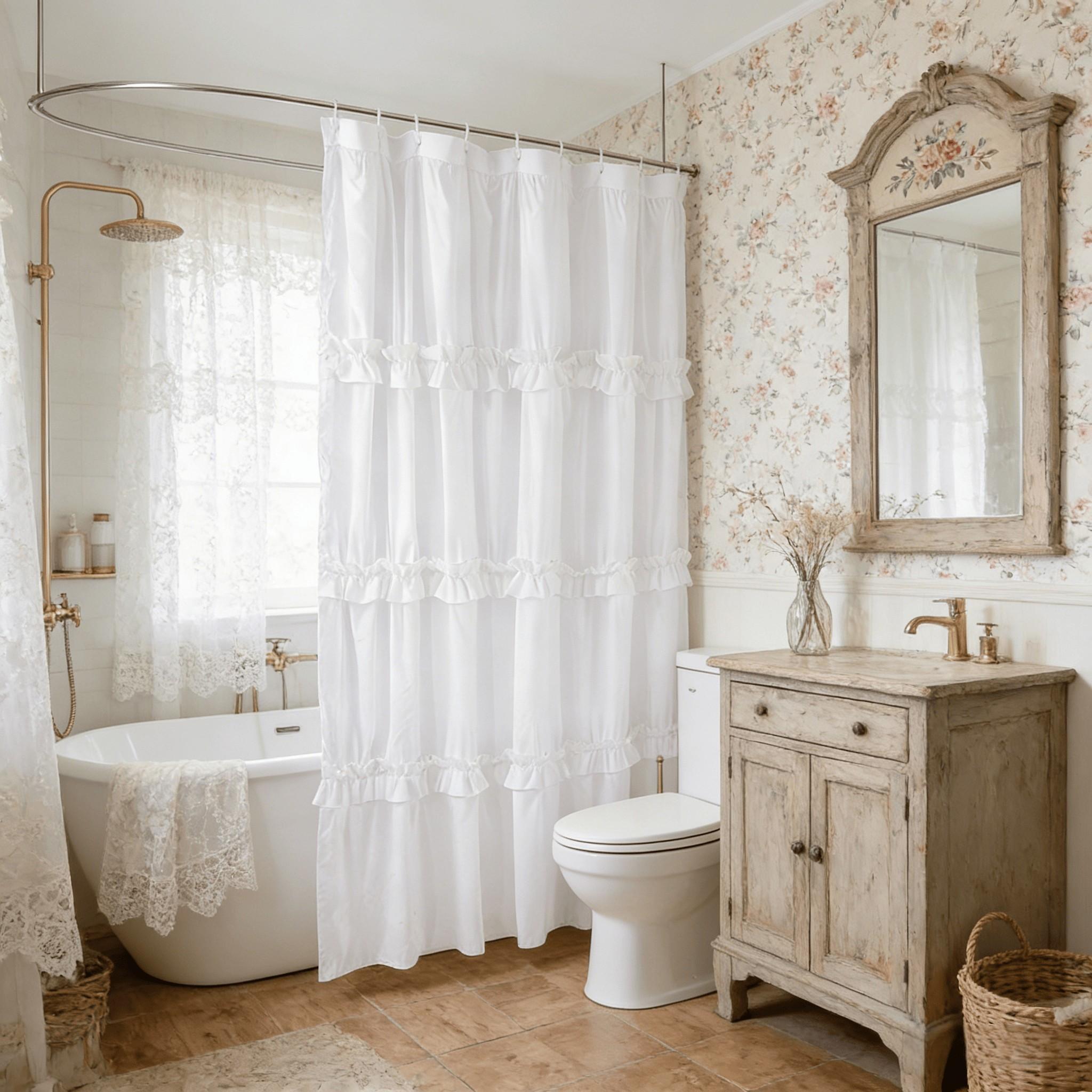 French Vintage Ruffled Shower Curtain, Handmade Pleated Microfiber, Butterfly Knot, 12 Holes, 72"x72", Perfect for Master Bathroom