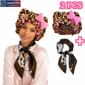 Leopard Print Satin-Lined Sleep Bonnet with Matching Silk Scarf for Women, Cute Bow Hair Cap for Curly, Braided & Natural Hair, Night Hair Protection