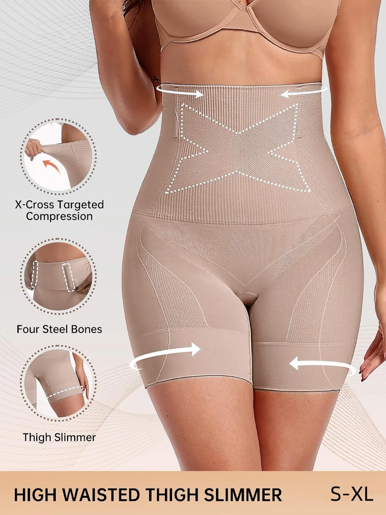 High Waisted Shapewear Shorts for Women, X‑Cross Compression Tummy Control Thigh Slimmer with 4 Steel Bones, Butt Lifter Body Shaper for Daily Wear