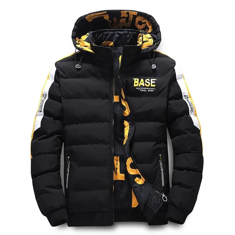 Men's Black Streetwear Puffer Jacket with Yellow White Accents Graphic Hooded Warm Winter Coat