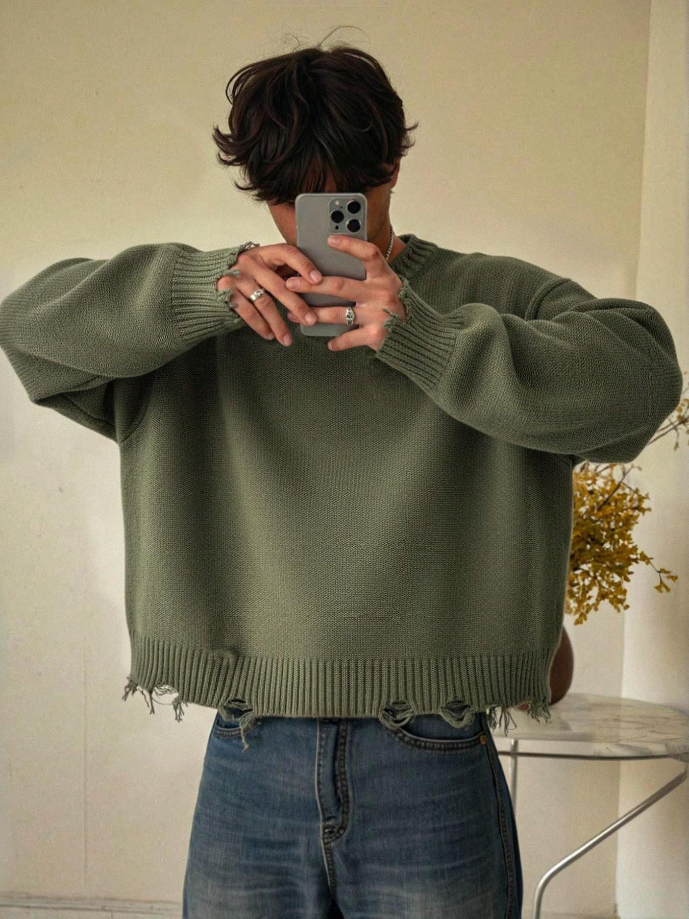 Fall & Winter Unisex Street Fashion Casual Long Sleeve Ripped Knit Sweater Pullover, Loose Fit Comfortable Cleanfit Round Neck Top, Knitwear Fall & Winter Unisex Street Fashion Casual Long Sleeve Ripped Knit Sweater Pullover, Loose Fit Comfortable Cleanfit Round Neck Top, Knitwear