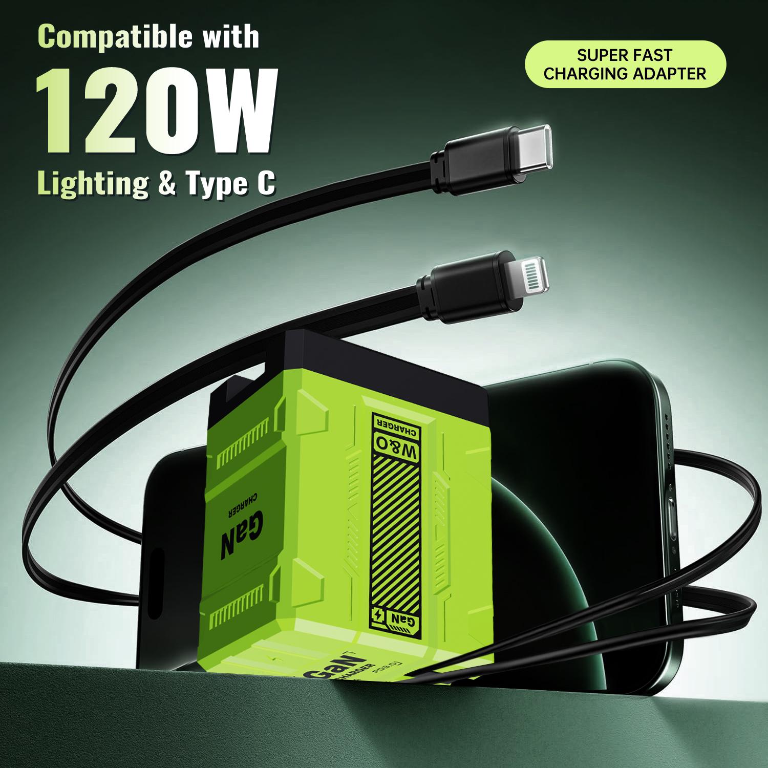 GaN Charger Compatible with 120W Fast Charger with Retractable Type-c and Lighting Cable,Protable Adaptor for iPhone 16, iPad, MacBook, Multi-Device Fast Charging, Folding Charging Cellphone Electronic