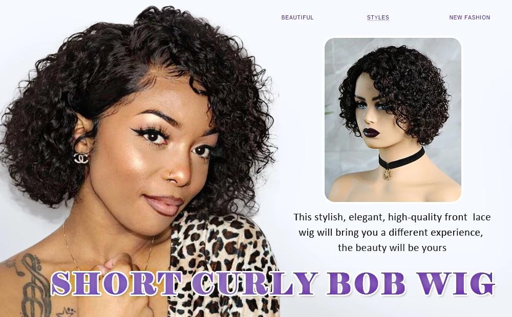 Short Bob Wig Pixie Cut Curly Human Hair Wigs For Women Black Color 13x1 T part lace closure Deep Wave Lace Wig Preplucked Hair