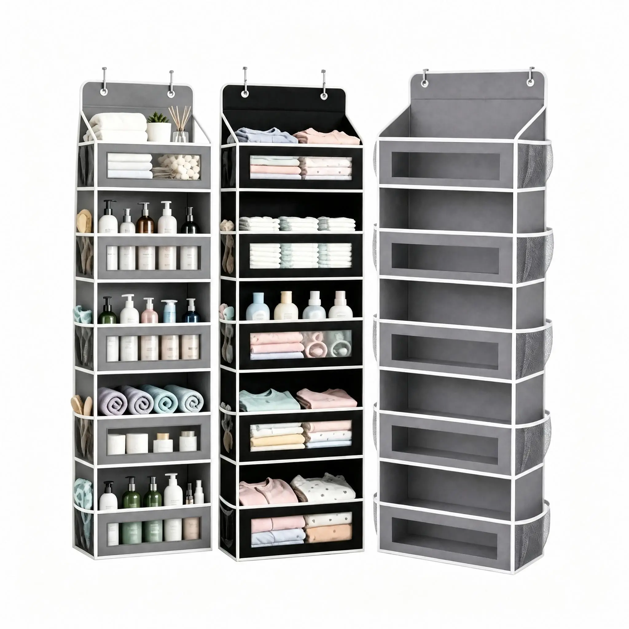 5-Tier Over The Door Organizer, Heavy Duty Hanging Storage Bag with Clear Windows & Mesh Side Pockets, No-Drill Space Saver Organizer for Bathroom, Bedroom, Nursery, Pantry (Fits Standard Doors) toiletry dormitory