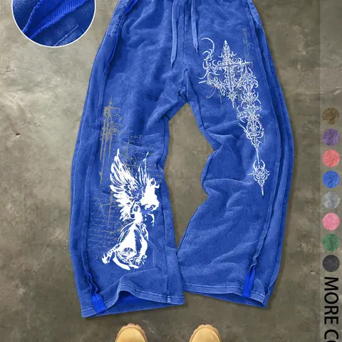 Men's Streetwear Sport Pants, Athletic Casual Pants, Washed Cotton Fabric, Loose-Fit Elastic-Waist Knit Pants, Casual Comfy Sporty, for Casual All-Season Wear