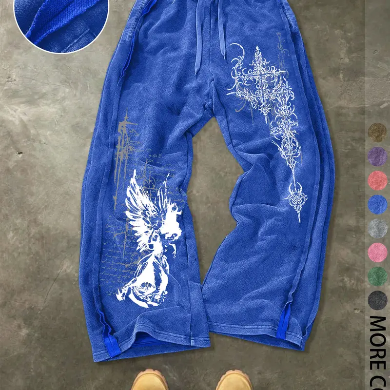 Men's Streetwear Sport Pants, Athletic Casual Pants, Washed Cotton Fabric, Loose-Fit Elastic-Waist Knit Pants, Casual Comfy Sporty, for Casual All-Season Wear