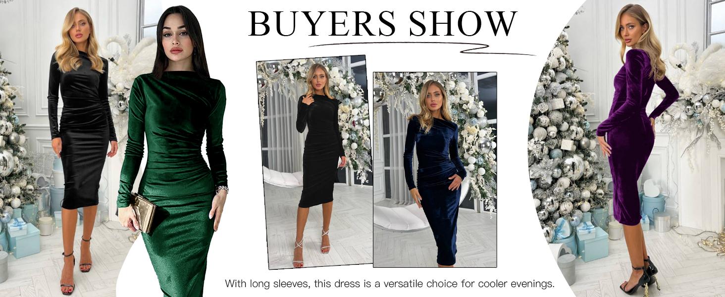 Wenrine Women's Velvet Bodycon Midi Dress Long Sleeve Ruched Elegant Cocktail Party Dresses Wenrine Women's Velvet Bodycon Midi Dress Long Sleeve Ruched Elegant Cocktail Party Dresses