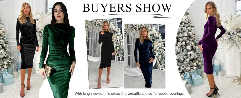 Wenrine Women's Velvet Bodycon Midi Dress Long Sleeve Ruched Elegant Cocktail Party Dresses