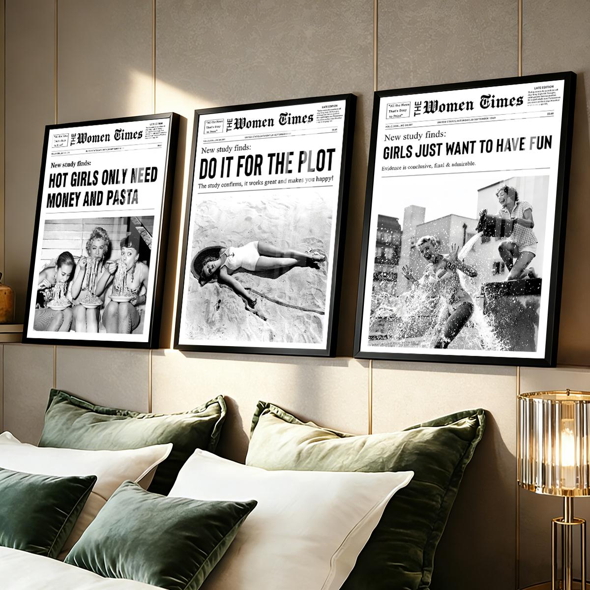 3 Counts Aluminum Alloy Framed Painting, Vintage Women Newspaper Poster Set, Home Decoration For Living Room, Bedroom, Office, Restaurant, Hallway Wall Decor, Odorless Print Artwork, Luxury Perfect Gift For Friends And Family