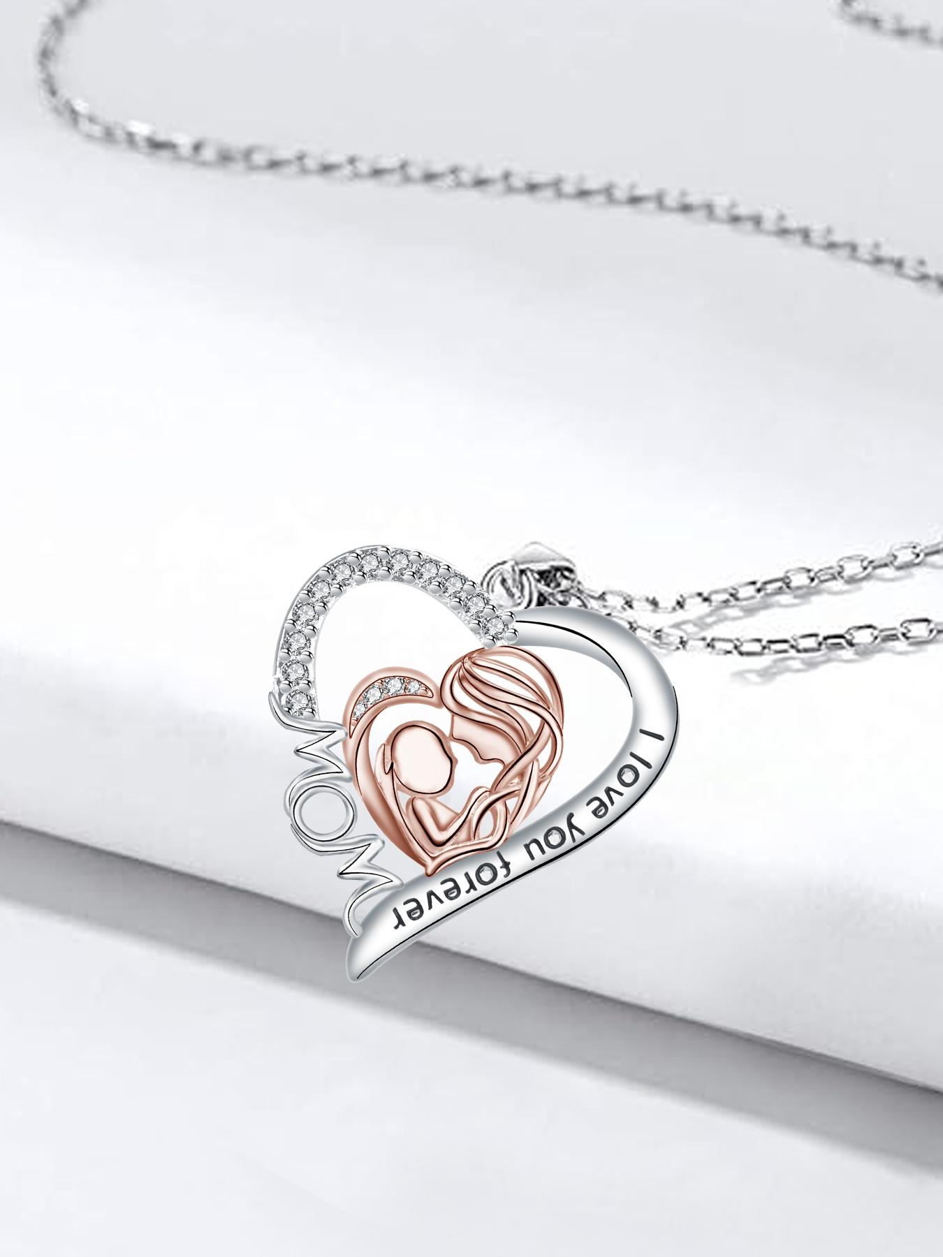 Mommy & Me Love Heart Necklace Set with Moss Bear Rose Jewelry Box, Elegant Copper Pendant Necklaces, Perfect Gift for Mother's Day Birthday Christmas