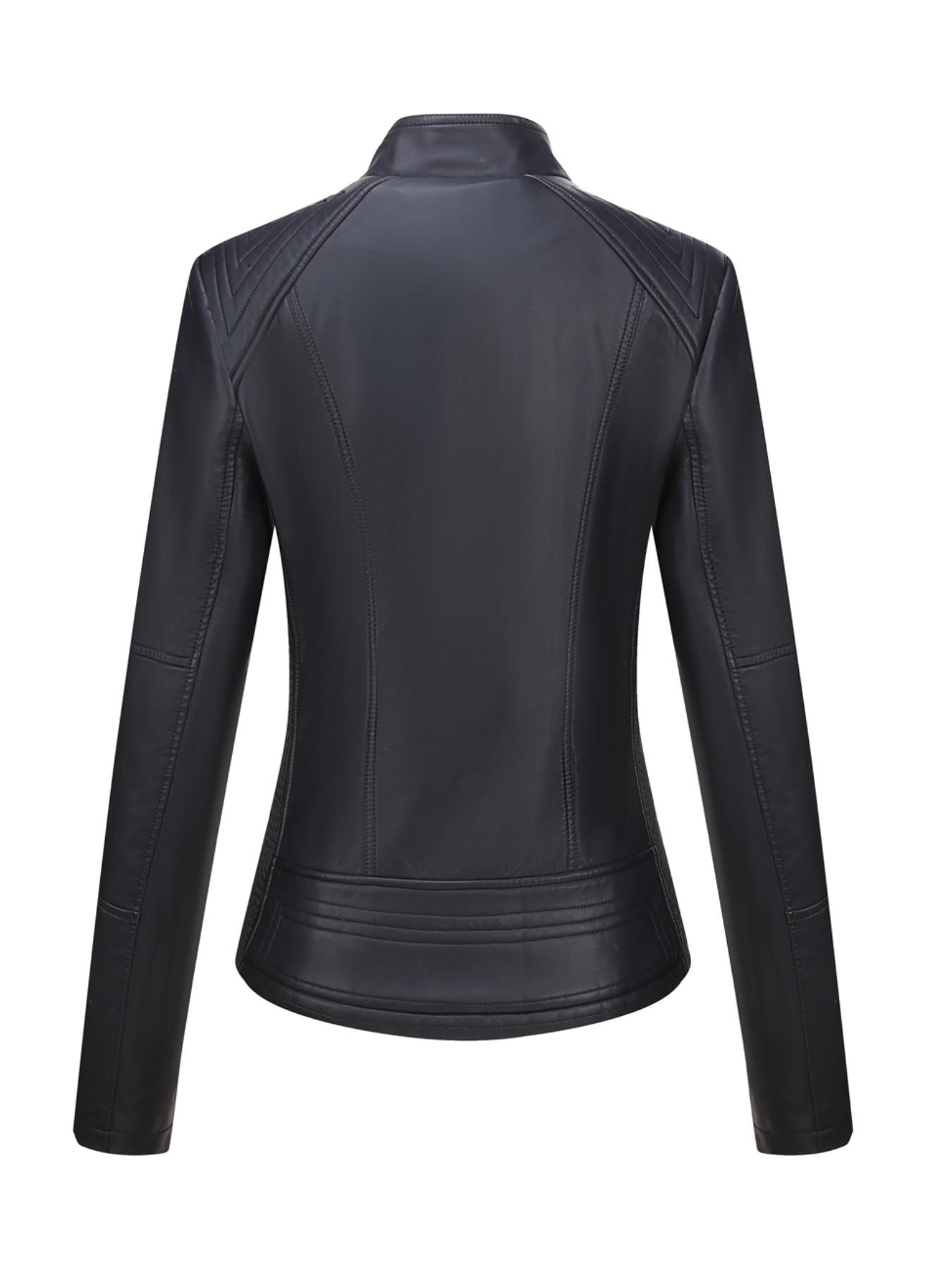 Women's Spring PU Motorcycle Jacket, Fitted Long Sleeve Zipper Pocket Commuter Streetwear, Casual Short Windproof Leather Coat