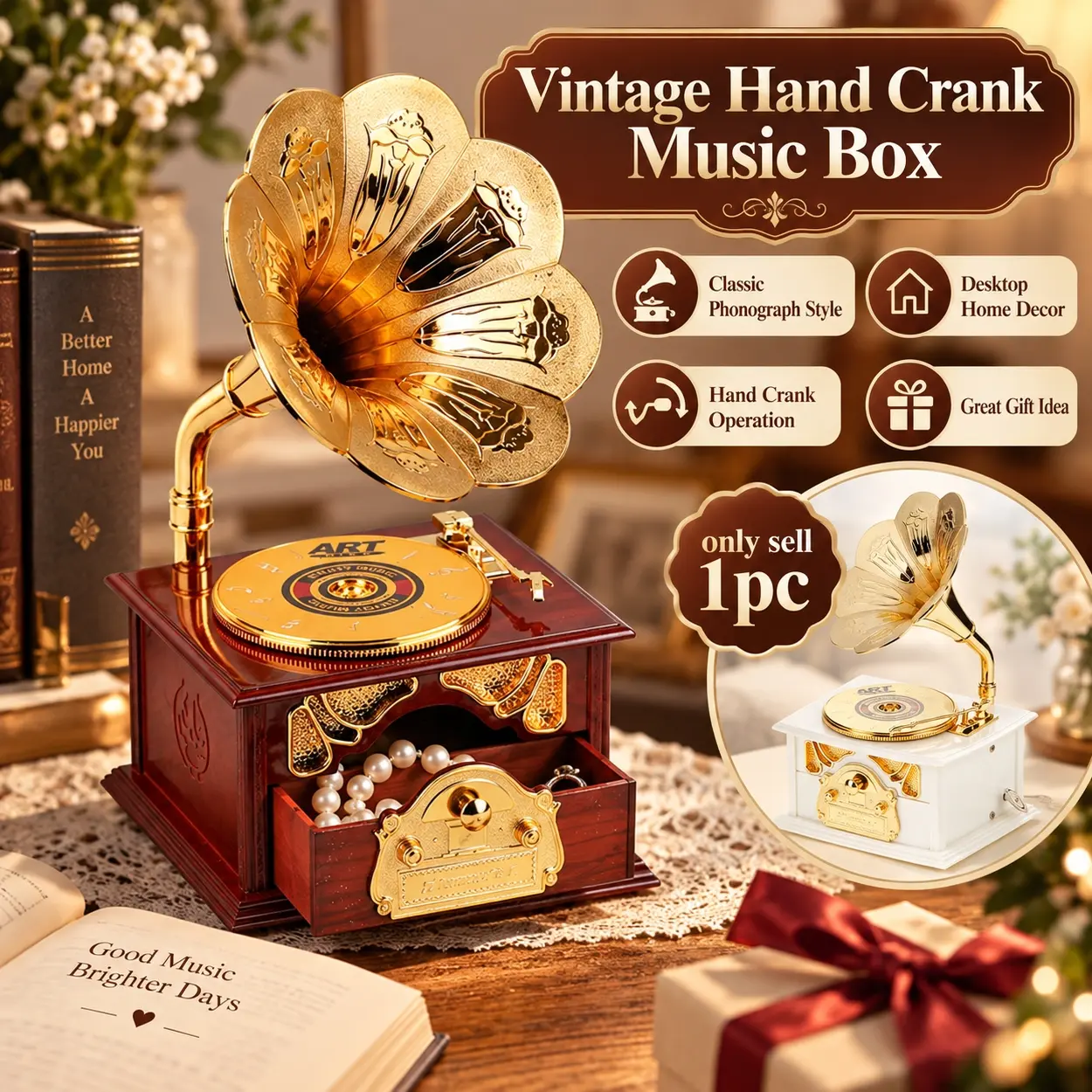 Vintage Phonograph Music Box, Retro Gramophone Style Musical Keepsake with Golden Horn and Decorative Record Design, Classic Desktop Ornament for Home Office Shelf Decor, Christmas Birthday Anniversary Gift for Music Lovers, Decoration