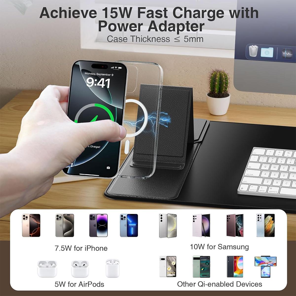 15W Wireless Charging Mouse Pad with Foldable Phone Holder, 31.5"x15.8" Extended Desk Mat for Laptop/Keyboard, Waterproof Ultra-Smooth Surface, Non-Slip Base,back to school,back to school shopping