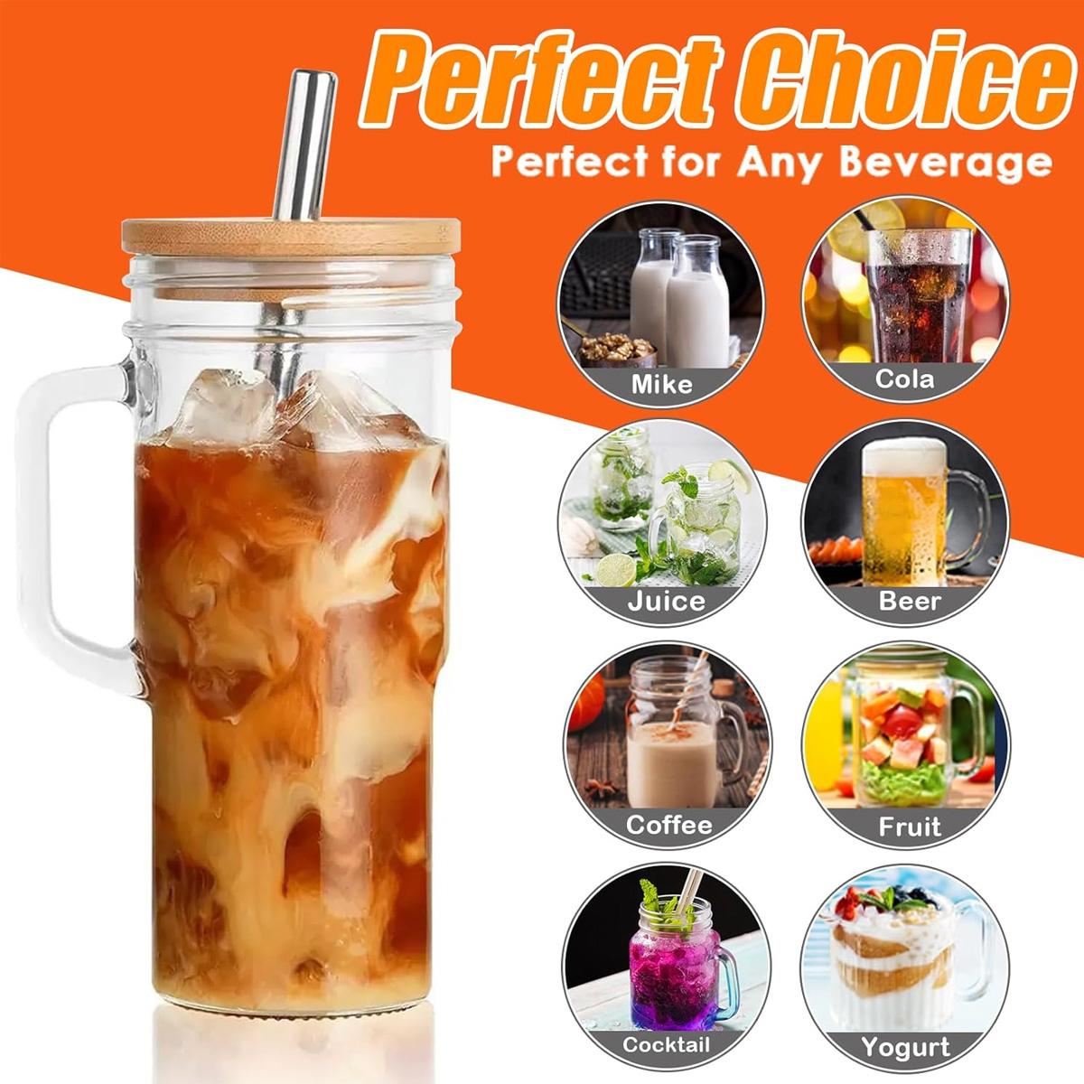 2/4 Pack Glass Cups with Lids and Straws, 24oz Glass Tumbler with Handle, Reusable for Smoothies, Tea, Juice, Boba, Travel Cup