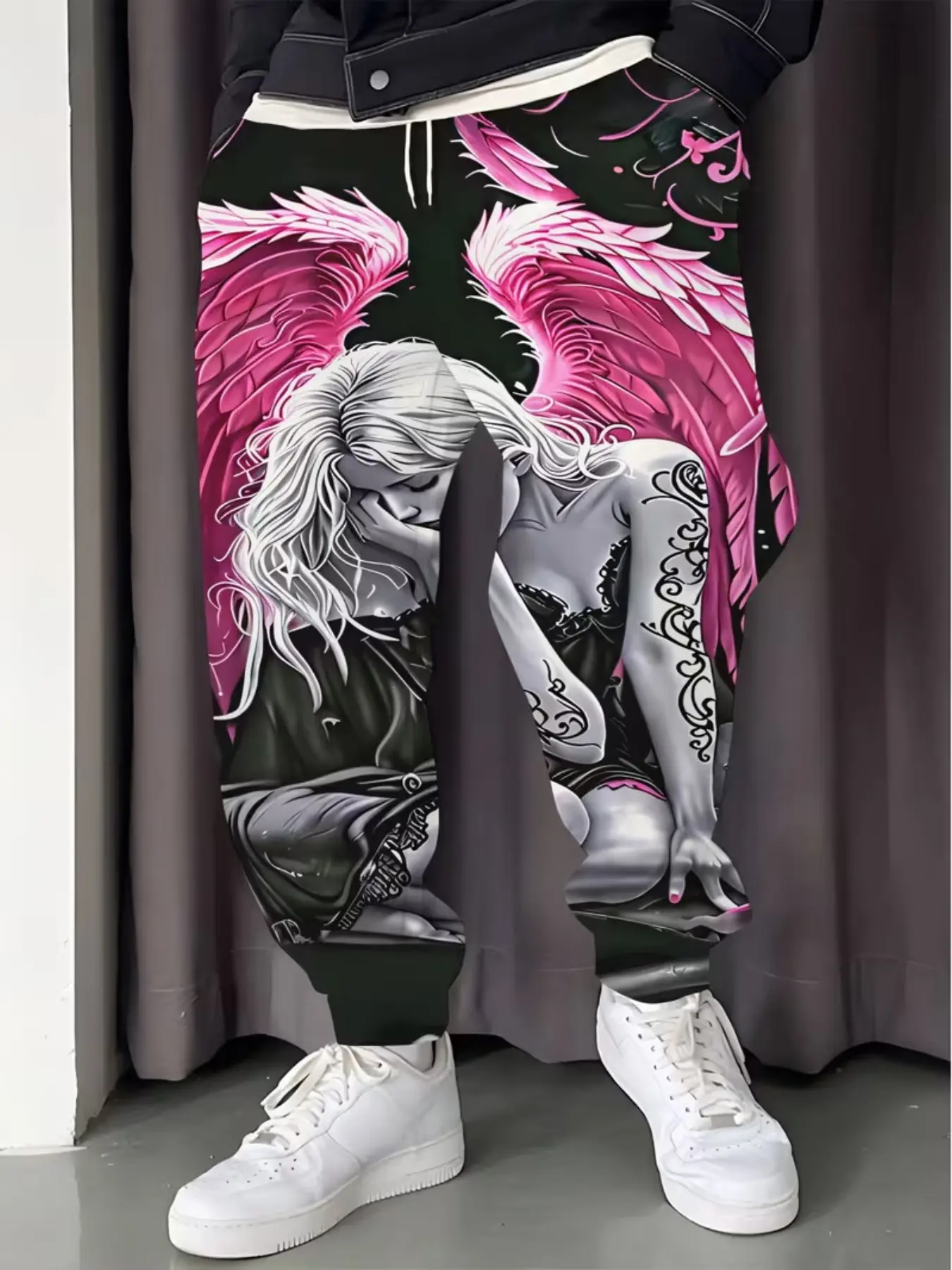 Men's Gothic Fallen Angel Digital Print Sweatpants, Loose-Fit Casual Long Pants, Elastic Drawstring, Streetwear Fashion, Spring & Fall