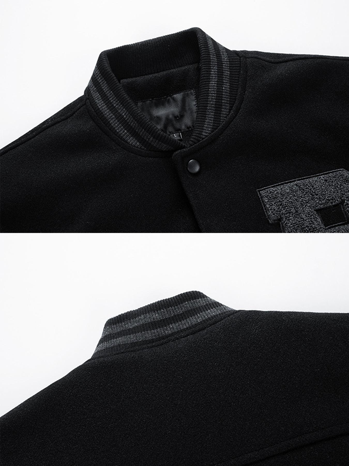 Men's Letter Patched Pocket Button Front Varsity Jacket, Casual Regular Fit Long Sleeve Stand Collar PU Leather Jacket Coat for Fall Winter