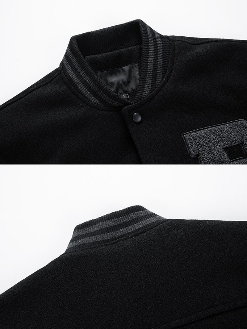 Men's Letter Patched Pocket Button Front Varsity Jacket, Casual Regular Fit Long Sleeve Stand Collar PU Leather Jacket Coat for Fall Winter Men's Letter Patched Pocket Button Front Varsity Jacket, Casual Regular Fit Long Sleeve Stand Collar PU Leather Jacket Coat for Fall Winter