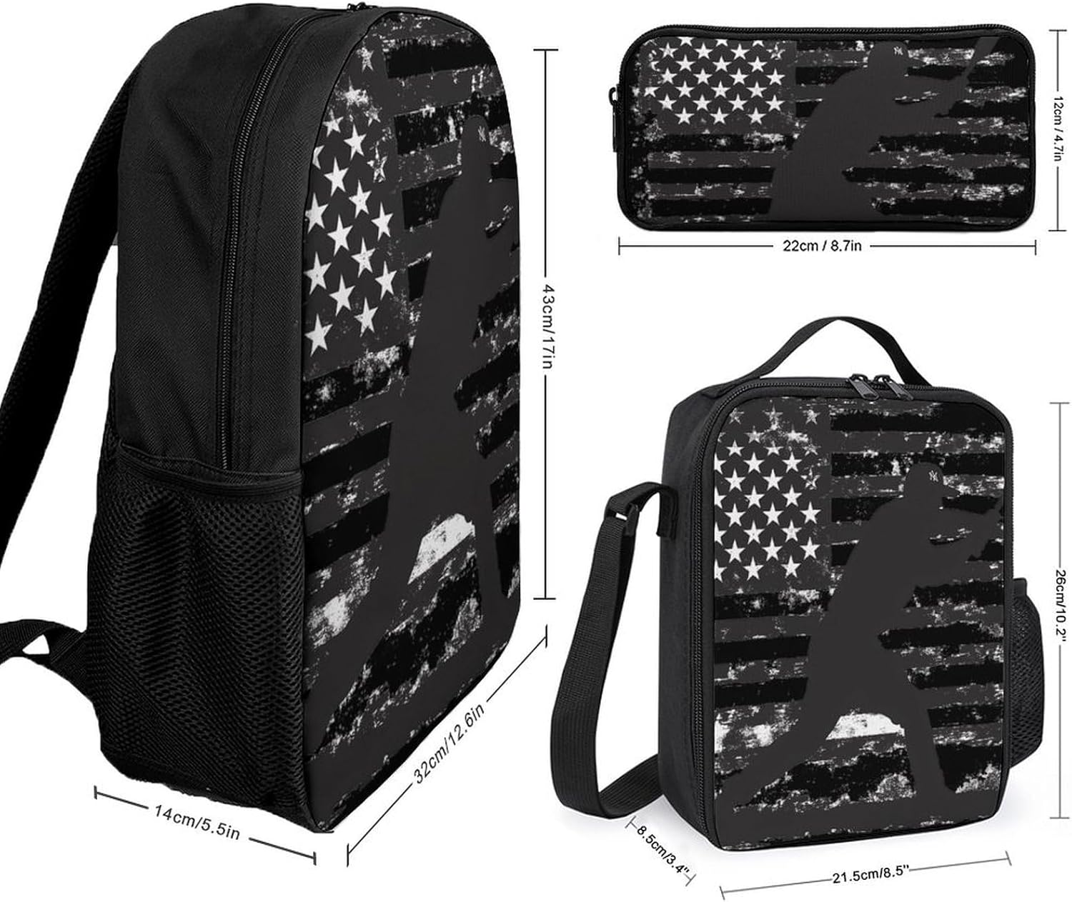 American Flag Unisex 3-Piece Waterproof Baseball Backpack Set - Polyester, Insulated Lunch Box, Pencil Case, Fits 17in Laptop, Casual Family Holiday Geometric Design, Back to School Use