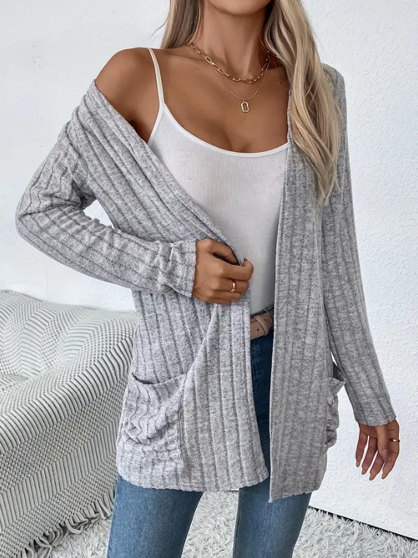 Women's Long Sleeve Loose Knit Cardigan with Pockets, Comfortable Front Open Coat, Casual Wear, Perfect for Everyday, Knitwear effortless breezy figure flattering all day comfort