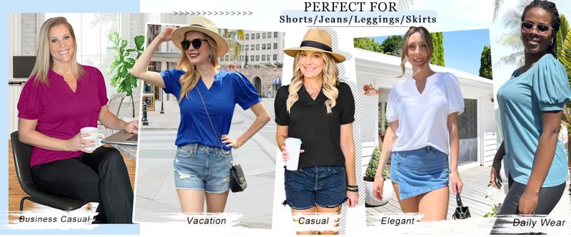 WIHOLL Women's Pleated Puff Sleeve Tops Summer V Neck Tunic Shirts Loose Curved Hem Blouses Dressy Casual S-3XL Fabric Fashion women's summer outfits plus size summer outfit