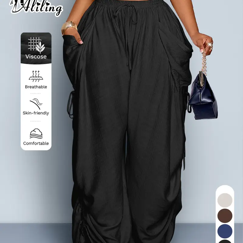 Aliling Solid Color Plus Size Women Wide Leg Trousers, Elastic Waist Loose Fit With Pockets, Casual for Work and Daily Wear Pants