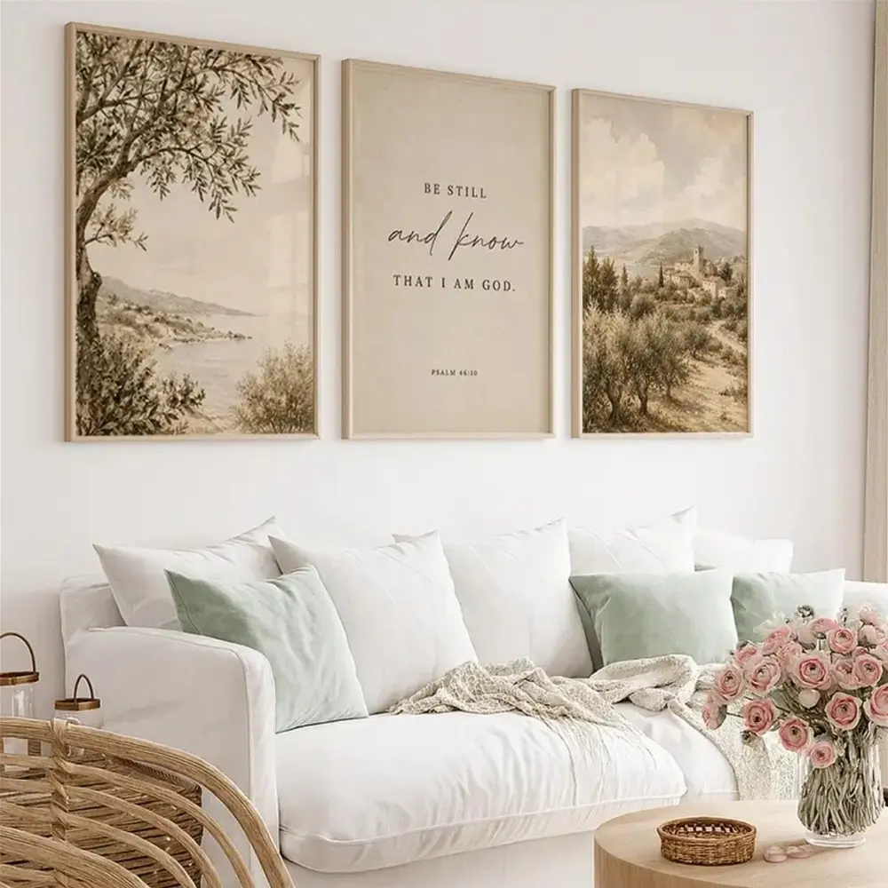3 Pieces Christian Wall Art Canvas Prints, "Be Still and Know That I Am God" Scripture Landscape Posters, Neutral Farmhouse Decor Modern Home, Framed and Unframed Options Available, Decorative Artwork