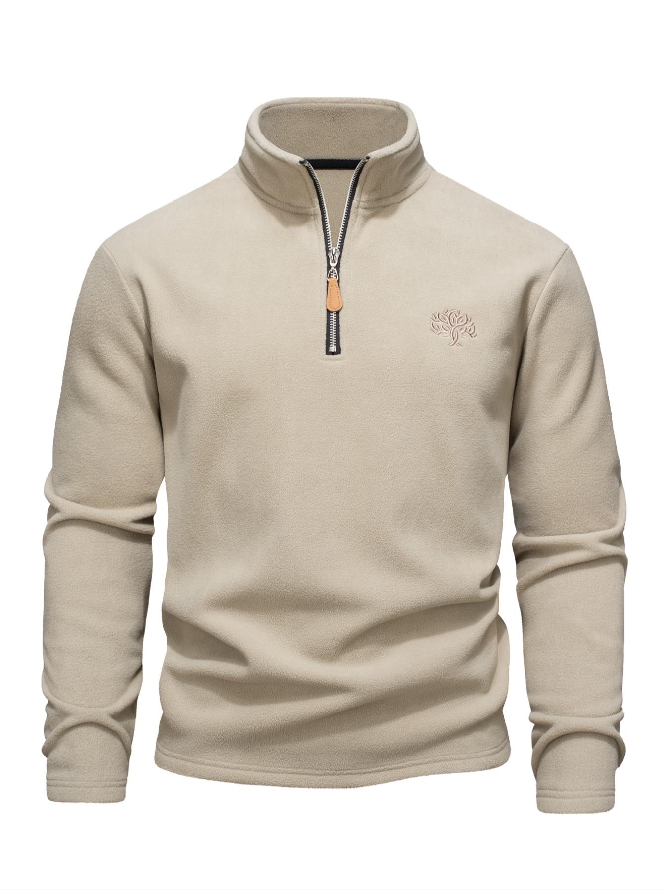 Men's Solid Zip Up Half Placket Fleece Sweatshirt, Regular Fit Casual Long Sleeve Stand Collar Pullover for Outdoor Hiking, Sportswear for Fall & Winter, Athletic Training Apparel, Athletic Top