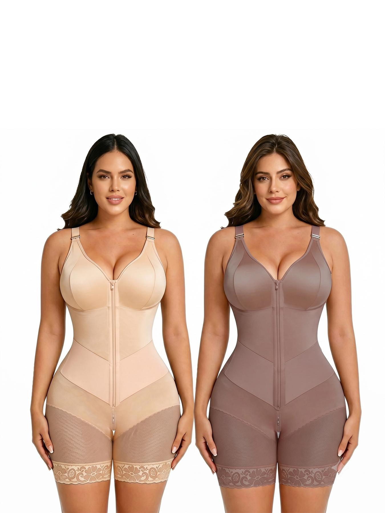 2pc Women's Underwear, Full Body Compression Shapewear Bodysuit, Front Zipper, Firm Tummy Control, Butt Lifter, Waist Trainer, Adjustable Straps