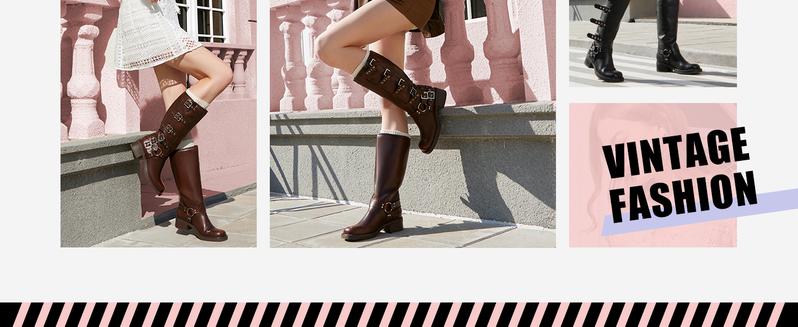 Athlefit Women's Knee High Riding Boots Fashion Buckle Square Toe Chunky Heel Wide Calf Biker Boots Gril Comfort Footware Fashion Shoes buckle  boots knee  high Leather Footwear Comfortable Girl Walking Shoes Bota Brown