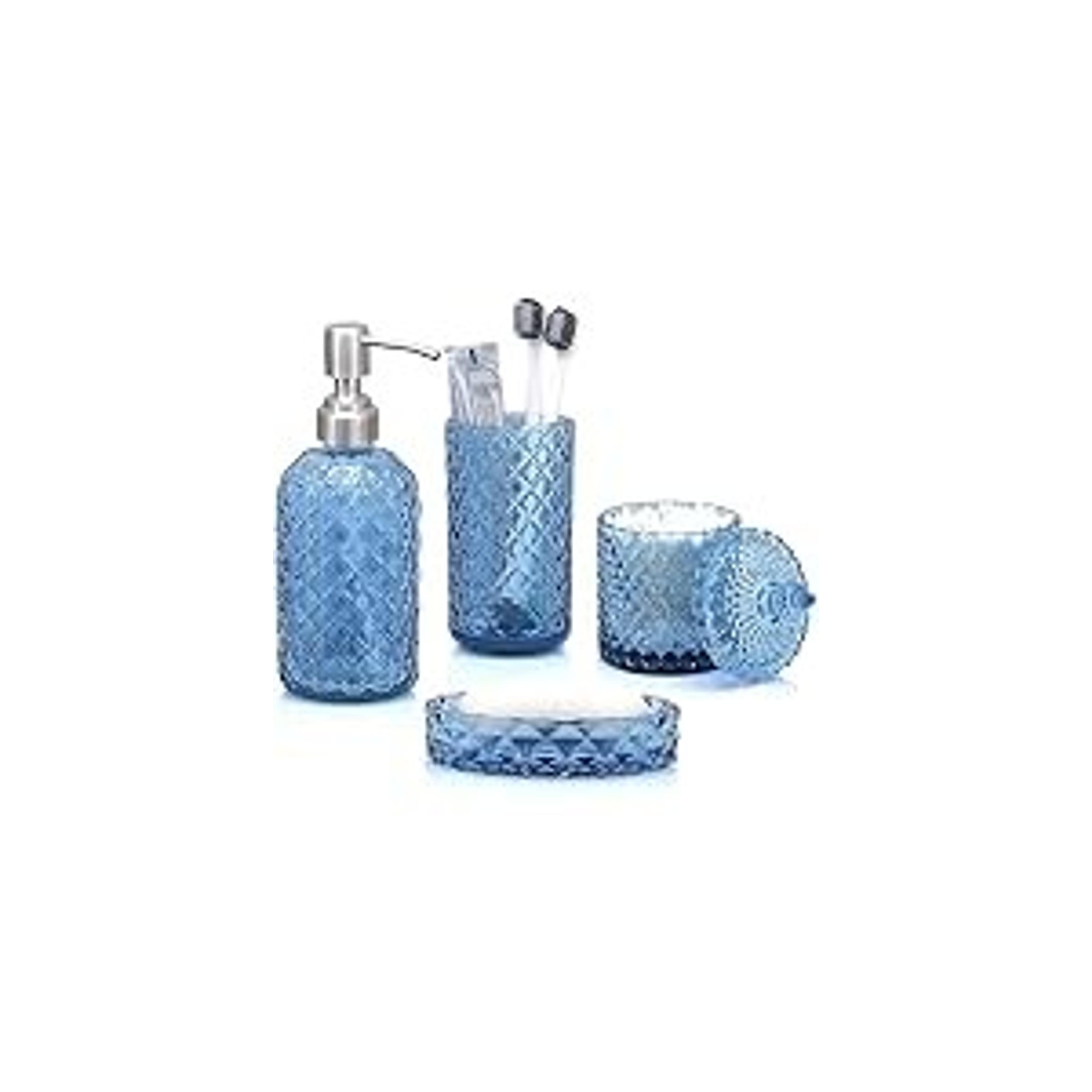 Green Bathroom Accessories Set, 6 Pcs Clear Glass Bathroom Set, Soap Dispenser, Soap Dish, Toothbrush Holder, Tumbler, Q-Tips Holder for Vintage Crystal Bathroom Decor, Gift Set