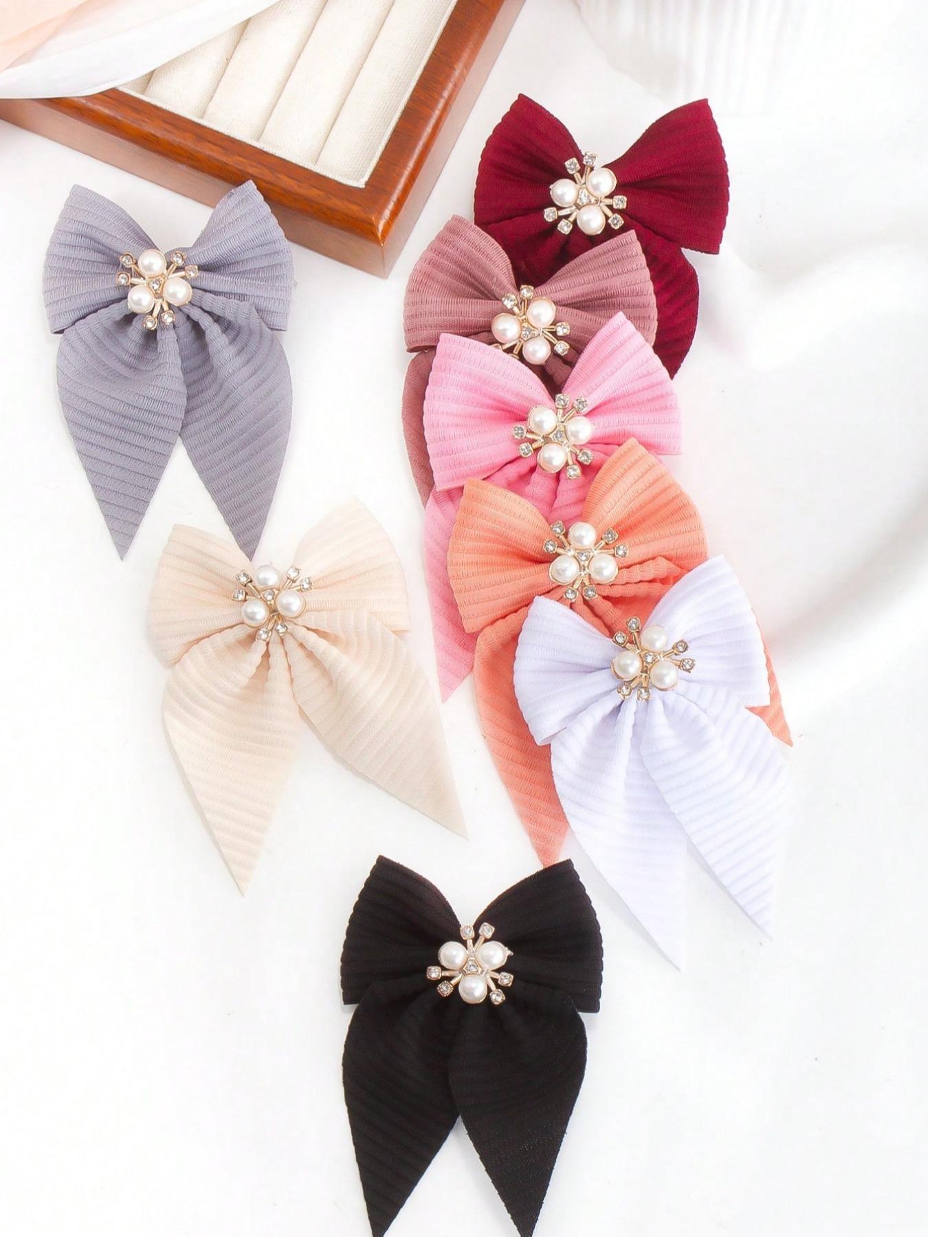 8pcs/Set Girls Solid Color Textured Bow Pearls Crystal, Elegant Princess Hair Accessories Sets For Daily Use