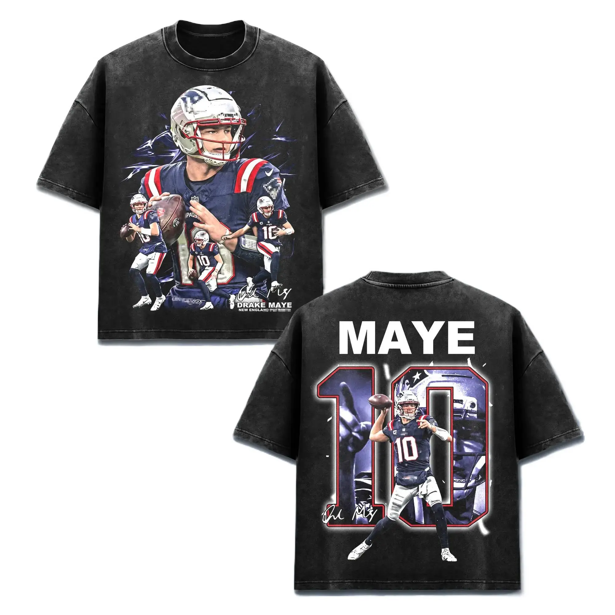 Unisex Drake Maye Short-Sleeve Round Neck Casual T-Shirt - Maye Day Football Tee, Pat Team Fan Merch, DM10 QB Action Graphic Apparel, Retro 90s Bootleg Sports Wear, New England Menswear Tops, Heavyweight Oversized Black Acid Wash Gift