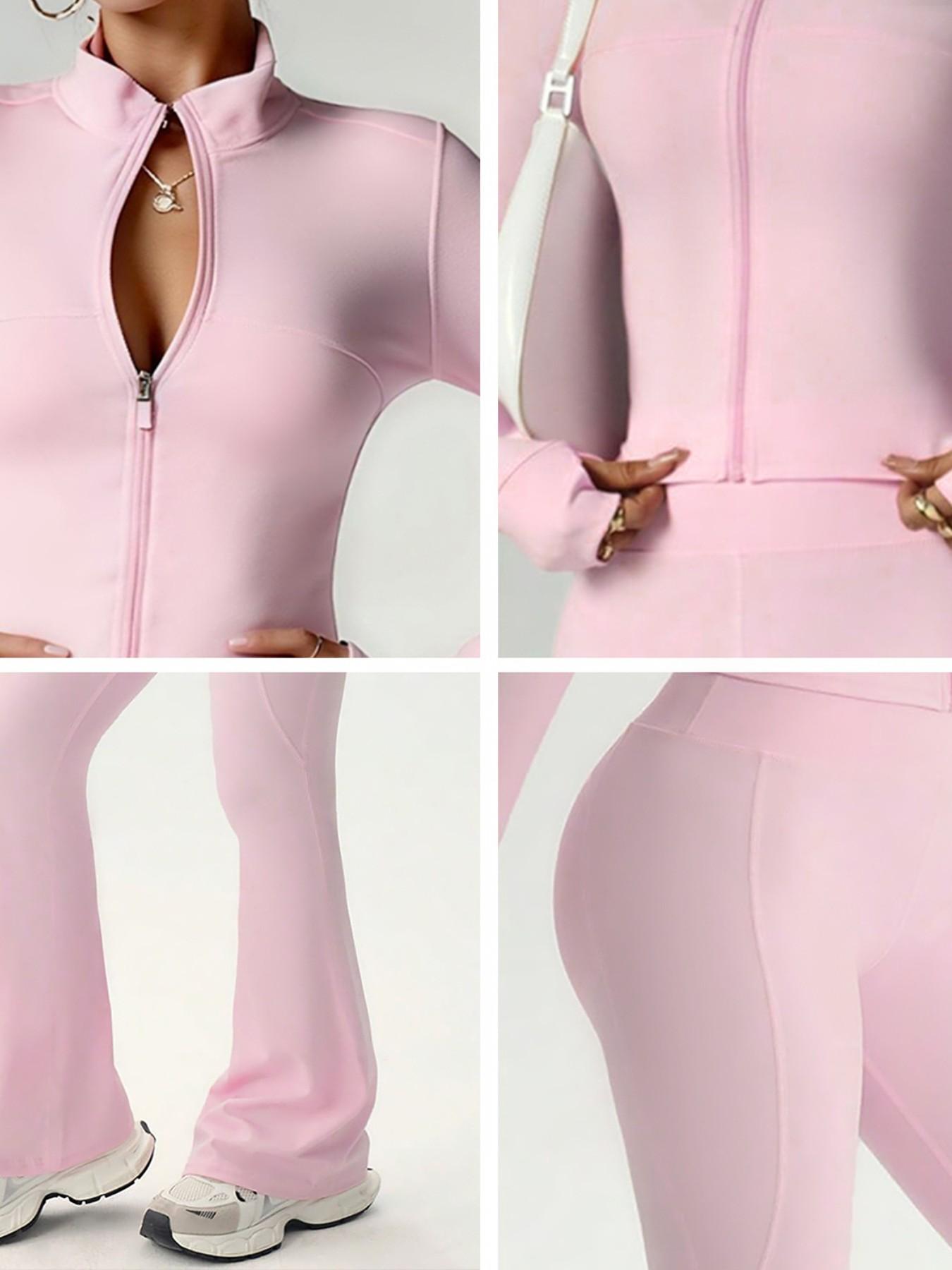 Women's 2-Piece Fitness Set, Stand Collar Full Zip Jacket, Long Sleeve High Waist Yoga Pants, Sporty All-Season Workout, Athleisure Wear Set, Yoga Outfit
