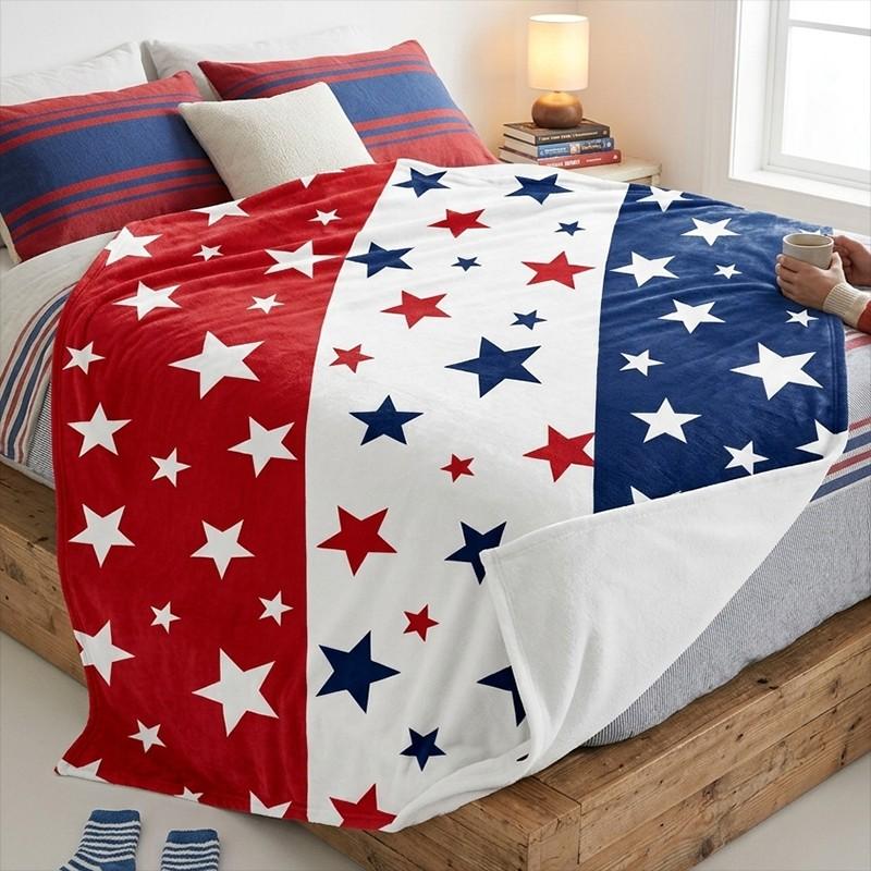 Star Pattern American Flag Themed Blanket, Soft Comfortable Throw Blanket, Cool Bedroom Bedding Blankets for Home Office Travel Dormitory Camping