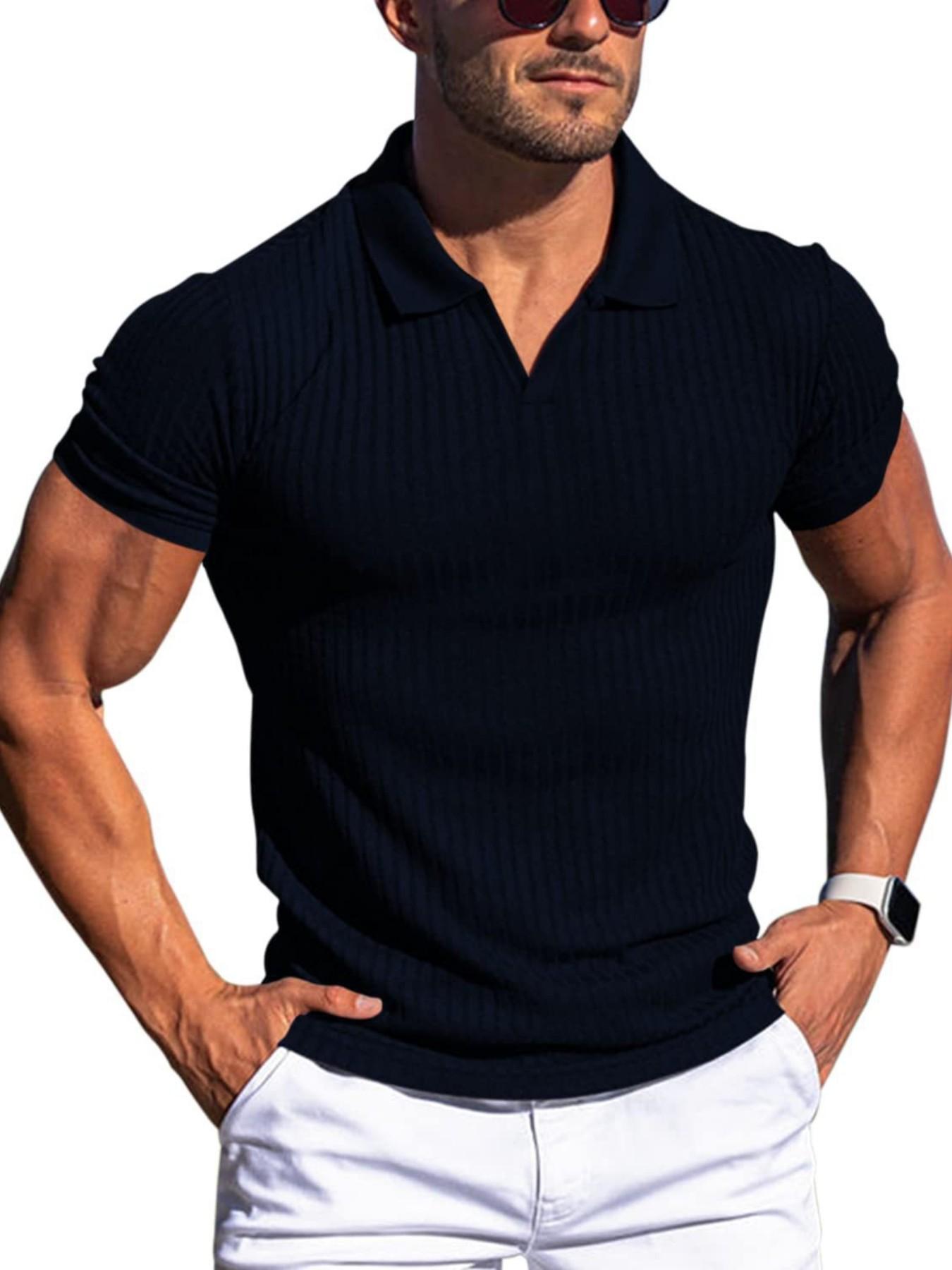 Men's Ribbed Knit V-Neck Polo Shirt, Casual Short Sleeve Top, Ideal for Golf, Office, Daily Wear, Comfortable and Stylish