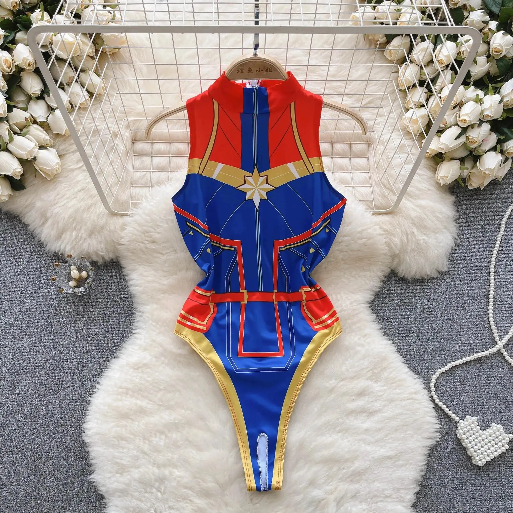 Plush Halter Jumpsuit Leopard Print Hollow Out Playsuit Sexy Cosplay Uniform PU Leather Patchwork Catsuit Women Erotic Lingerie