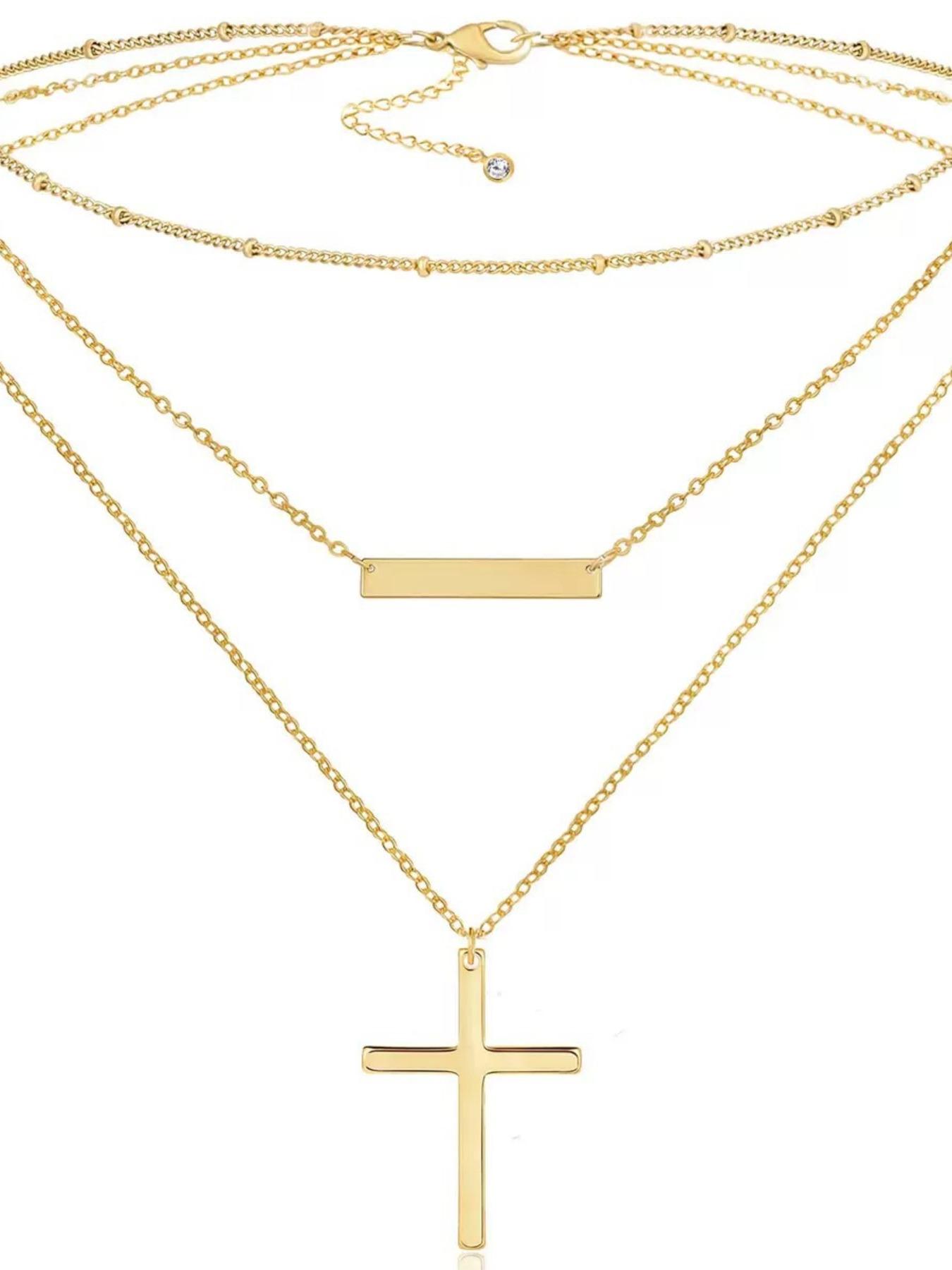 Women's Stainless Steel Cross Chain Beaded Necklace, Elegant Minimalist Design, Double Layer Crucifix Pendant Jewelry