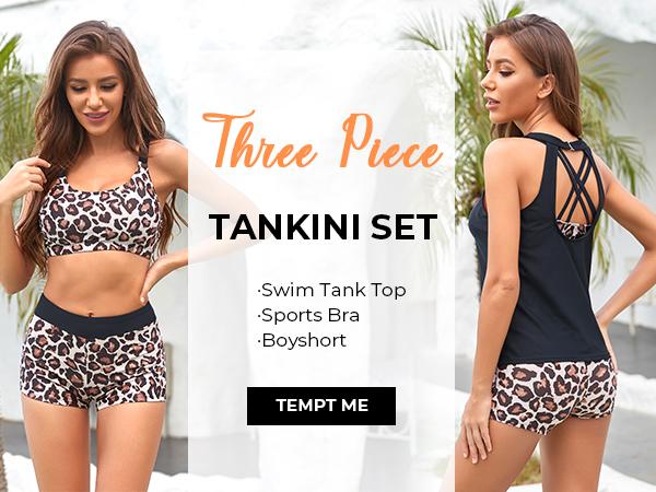 Tempt Me Three Piece Swimsuit for Women Tankini Bathing Suit Modest High Neck Tank Tops Swimwear with Shorts
