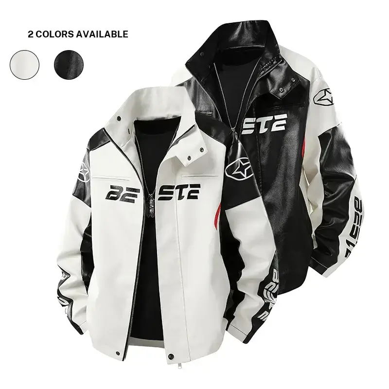 Men’s color block faux leather motorcycle jacket, racing letter print stand collar zip up outerwear, casual street biker jacket autumn fashionable style