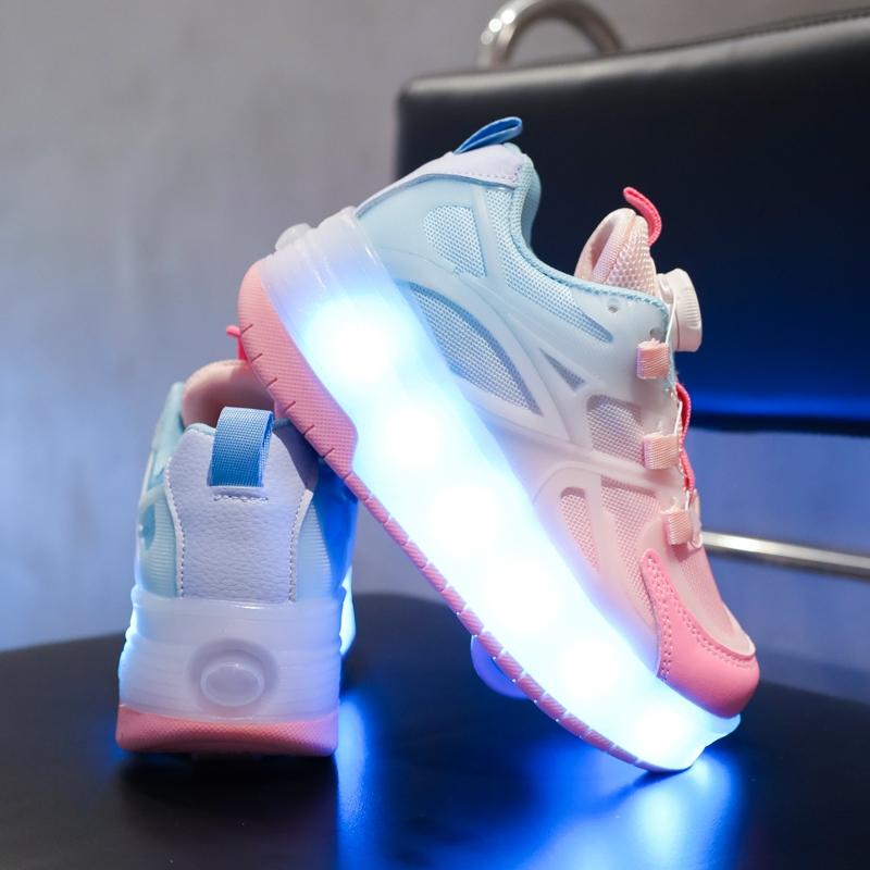 16 Color Modes USB Rechargeable LED Roller Shoes for Boys Girls, EUR 28-40 Rotary Buckle Breathable Mesh Light Up Wheels Sneakers, Kids Teens Luminous Roller Skates Shoes, Single Double Wheels Heelys for Outdoor Sports, Birthday Gifts for US EU KSA JP