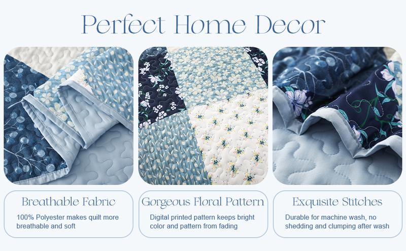 Exclusivo Mezcla Reversible Boho Quilt Set, 3 Pieces Plaid Patchwork All Season Bedspreads, Ultra Soft Floral Coverlet Bedding Set with Printed Pattern (1 Quilt, 2 Pillow Shams)