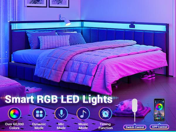 Hasuit Corner Bed Frame with Storage Drawers, Twin Daybed with Line Fabric Upholstered Fence, Kids Bed Unit with LED Light and Charging Station, Modern Bed Frame Twin Size,(No Mattress )