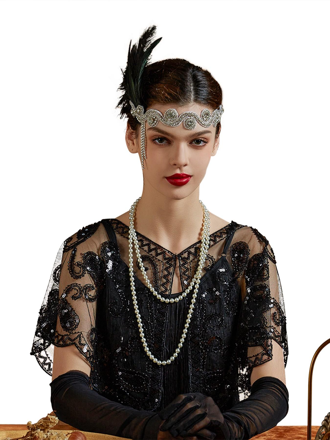 1920s Headpiece Flapper Headband, Rhinestone Pearl Feather Hair Band Great Gatsby Headpiece Accessoreis for Women,Champagne