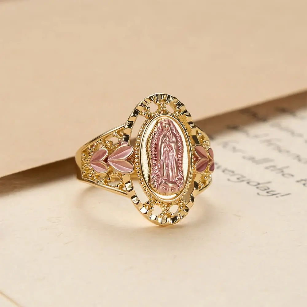 Eco-friendly brass ring featuring a Virgin Mary portrait, with two-tone plating-ideal as a gift for couples.