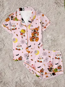 Women's Halloween Pajama Set, Cute Cartoon Strawberry Girl Print, 2-Piece Short Sleeve Sleepwear, Fun and Comfortable Nightwear Gift