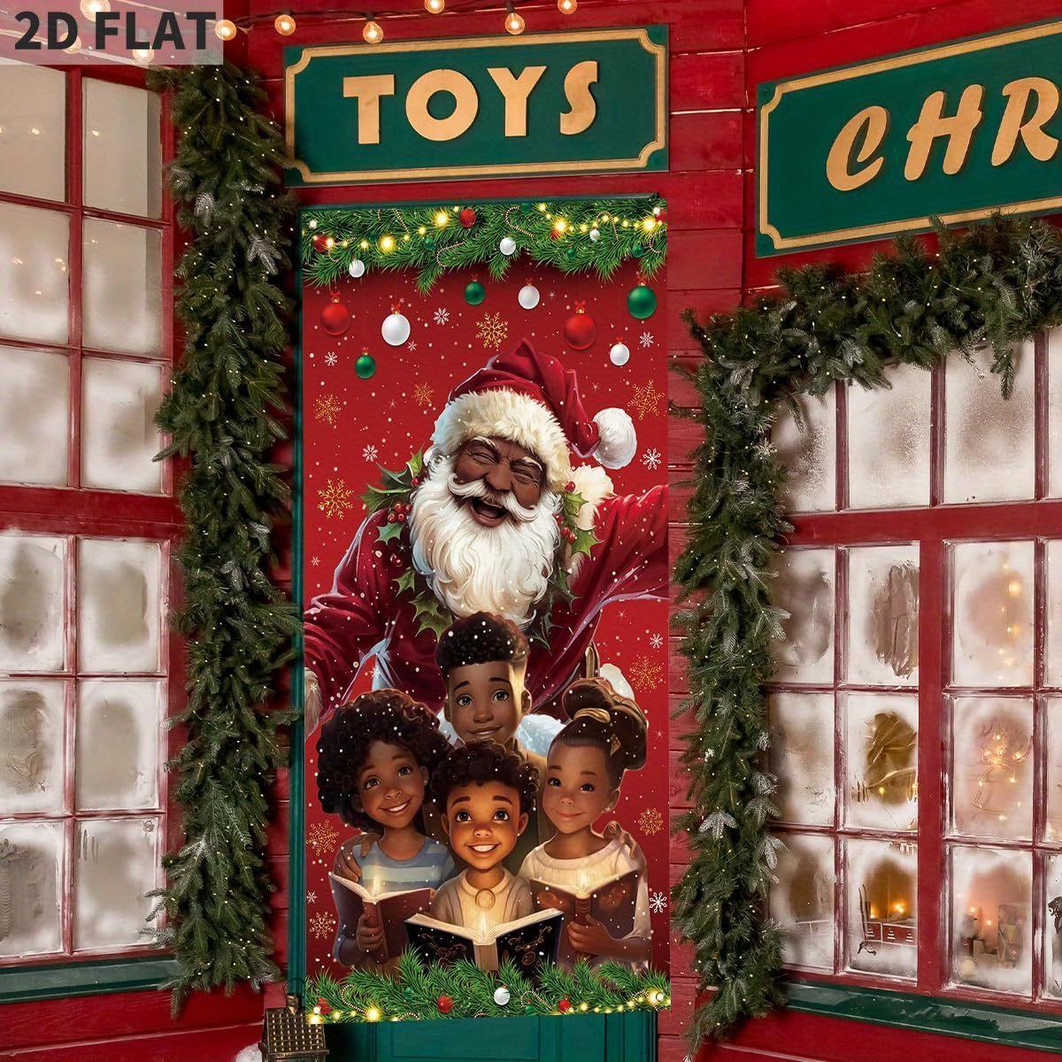 2D FLAT Banners African American Christmas Door Cover Black Santa Claus Party Banner Black African American Christmas Decor Merry New year Xmas Decor Christmas Decorations for Home Party