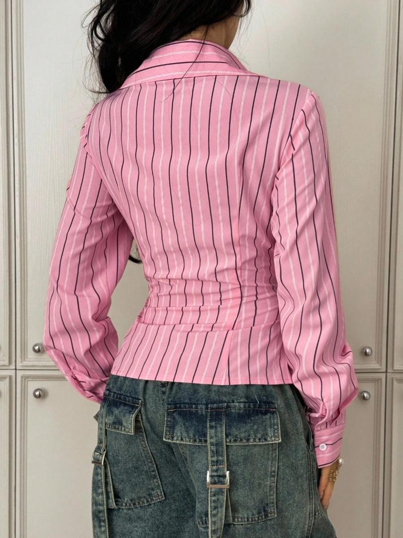 Women's All Over Striped Print Button Front Shirt, Casual Elegance Style, Casual Long Sleeve Top for Spring & Fall, Ladies Clothes for Daily Wear